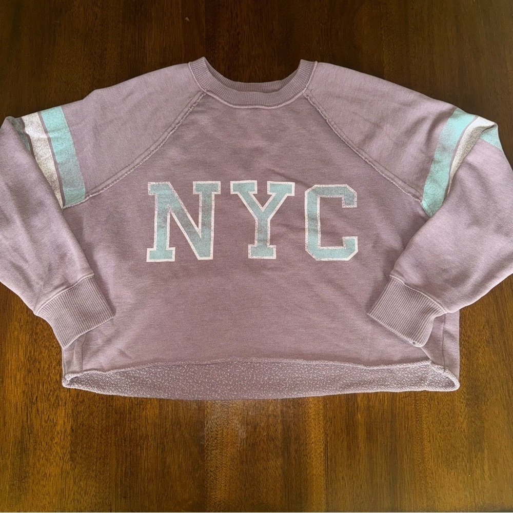 Aerie NYC Purple Cropped Crew Neck Sweatshirt Distressed Size Small